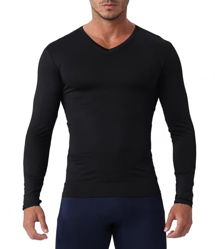 Queerier Men's Compression Shirt V Neck Long Sleeve Workout Shirts Athletic Gym Undershirts Active Sports Base Layer Tops/Black