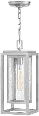 Hinkley Republic Medium Hanging Outdoor Lantern, LED Included, Composite, Clear Seedy Glass Panes, Anti-Fading Finish, Satin Nickel Finish