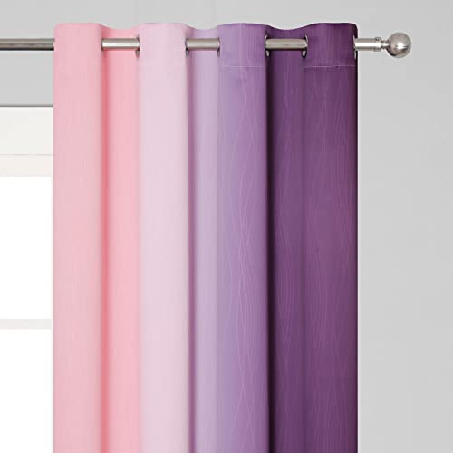Pink and Purple Curtains 45 Inch Length 2 panels, Full Light Blocking Ombre Blackout Curtains for Kids Room, Thermal Insulated Noise Reducing Gradient Blackout Curtains for Girls Bedroom, 52x45 Inch
