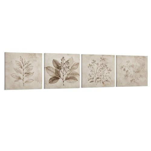 Neutral Botanical Sketch 4 Piece Canvas Wall Art, Four Square