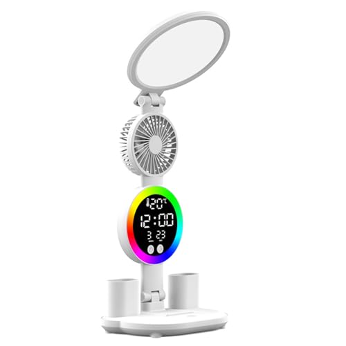 SLYHHZHMY LED Desk Lamp Fans, Clock, Pen Holder, Temperature and Date Display, Three-Color Dimming