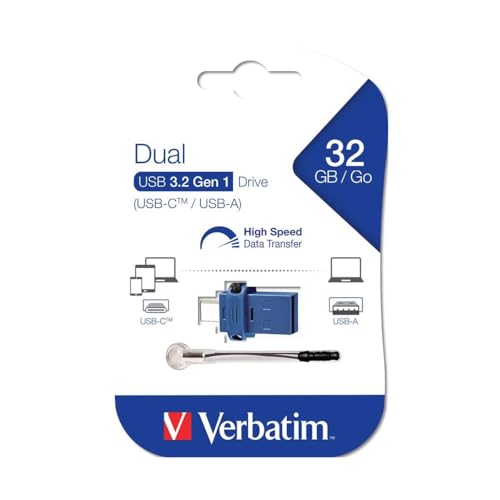 VERBATIM Clé USB double Store 'n' Go I USB 3.2 Gen 1 & USB-C I 32 Go I Clé USB 2 en 1 I USB-C/USB-A I stockage externe pour Smartphone Ordinateur portable... I Clé de données I bleu/noir