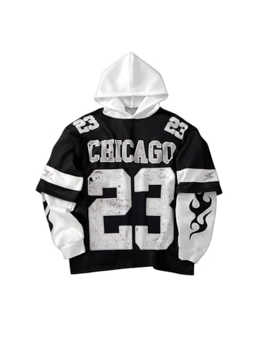Floerns Men's Number Jersey Shirts 2 in 1 Long Sleeve Graphic Street Hoodie Sweatshirts