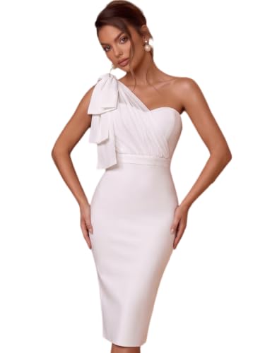 Image of houstil Women's One Shoulder Cocktail Bandage Dress Midi Party Mesh Bow Bodycon Wedding Guest Dresses