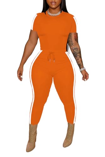 HBQ Women 2 Piece Outfits Track Suits Crop Tops Biker Long Pants Side Stripe Workout Jogger Sets-Orange-S