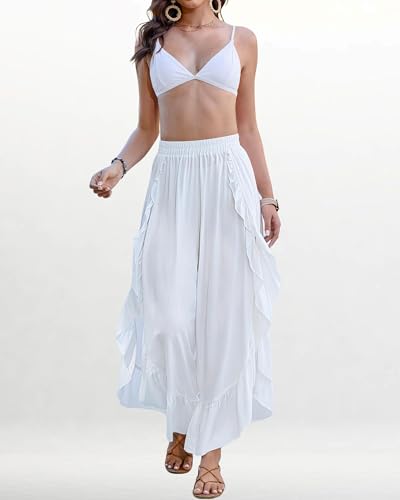 Bsubseach Swim Cover Up Pants for Women Ruffle High Slit Beach Pants Wide Leg Bathing Suit Coverup4