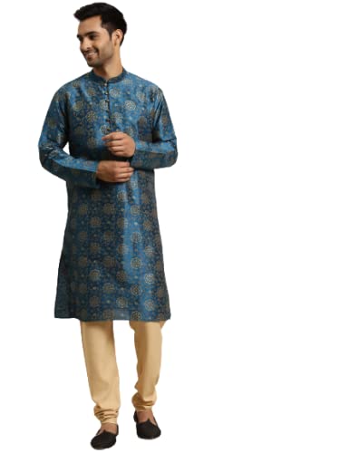 Sojanya (Since 1958 Men's Silk Blend Peacock Blue Printed Only Kurta Size 36