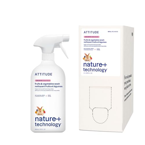 Bundle of ATTITUDE Fruit and Vegetable Wash, Removes Wax, Dirt and Impurities, Plant- and Mineral-Based, Vegan, Unscented, 27.1 Fl Oz + Bulk Refill, 67.6 Fl Oz
