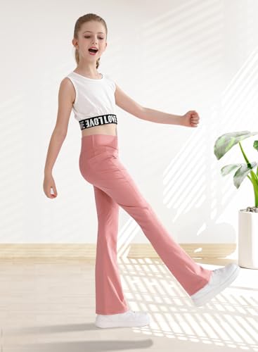 Girls Flare Yoga Leggings Cross High Waisted Flared Pants Dance Cute Activewear Kids Pants with Pockets 5-13 Years2