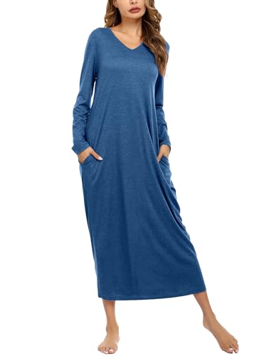 Sykooria Camisón Mujer Algodon Camisónes Largo Ropa de Dormir Ropa de Salón Casual Camisón Holgado con Bolsillos(Azul Real,L)
