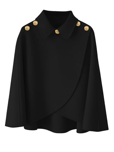 JFAN Poncho Damen Winter Warm Elegant Cape Cardigan Poncho mit Revers und Knöpfen für Herbst Winter,Schwarz