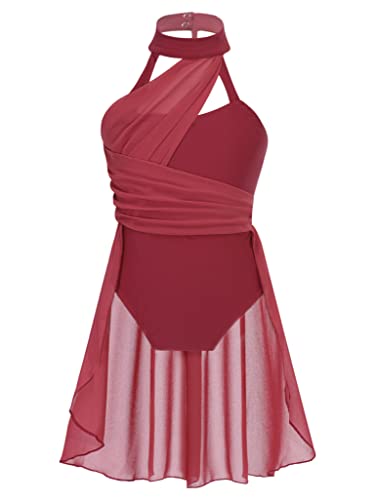 Xunzoo Kids Girls Lyrical Contemporary Dance Costume Dress Ballet Dance Dress Mesh Color Block Leotard Burgundy 16 Years #TOP20