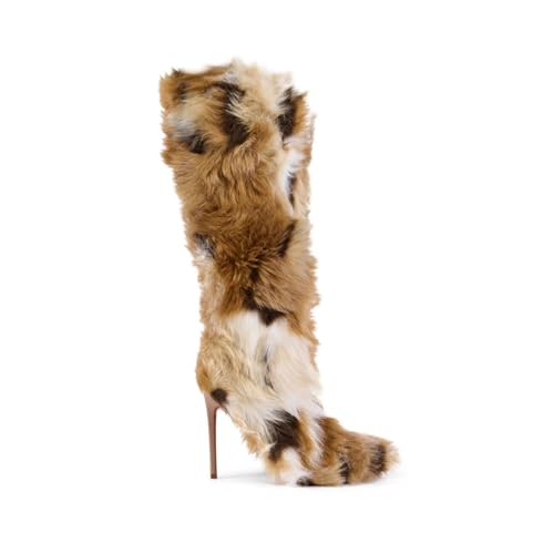 OMLISHZTY Cow Faux Fur Boots for Women Stiletto Heel Knee High Tall Boots Furry Winter High Heeled Long Shoes Warm Comfortable