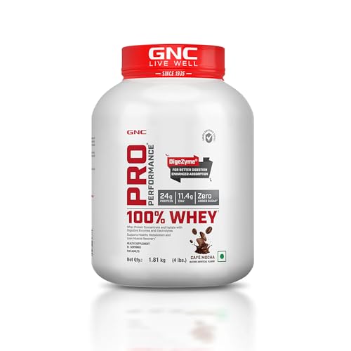 GNC Pro Performance 100% Whey Protein | 4 lbs | Muscle Growth | Muscle Recovery | DigeZyme® For Easy Digestion | Informed Choice Certified | 24g Protein | 5.5g BCAA | Café Mocha