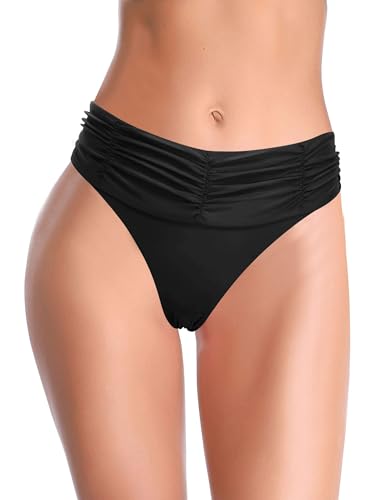 SHEKINI Mujer Bañador Braguita de Bikini de Loto brasileña Cintura Media Traje de baño para Mujer Bragas de Abajo Braguita de Bikini elástica (L, C-Negro)