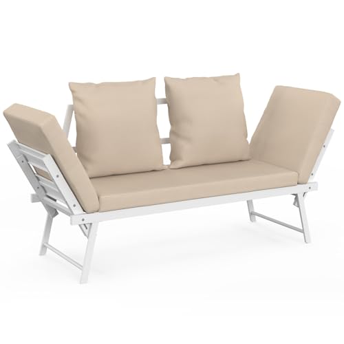IDMarket - Canapé de Jardin, Banquette Convertible NOLA 2/3 Places avec accoudoirs inclinables métal Blanc et Coussins Beige