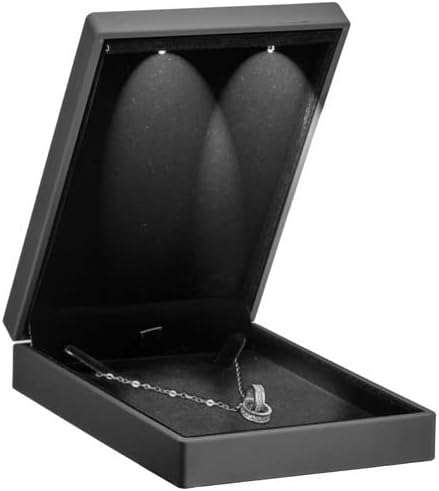 Allure - Small Necklace Box With LED Light, Square Shaped, Elegant Diamond Necklace Case, For Unique Proposal, Engagement Or Wedding, Luxury Black Velvet Interior Jewelry Display Gift Box.