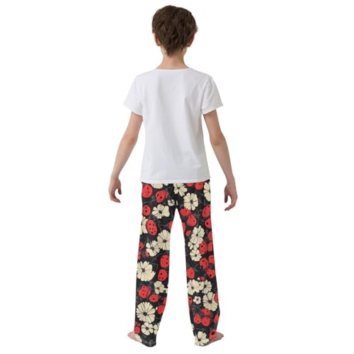 Boys' Pants Red Ladybugs White Flowers Long Bottoms Jogger Pants Elastic Waist Trousers with Pockets S-XL3