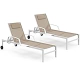 IDMarket - Lot de 2 transats de Jardin inclinables Java avec tablettes en Acier Blanc et Toile Beige