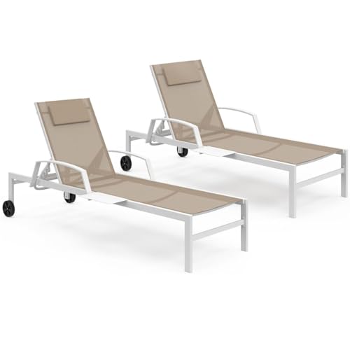 IDMarket - Lot de 2 transats de Jardin inclinables Java avec tablettes en Acier Blanc et Toile Beige