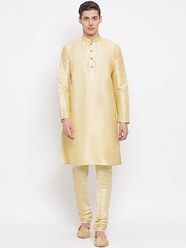 Image of VASTRAMAY Men's Beige Cotton Silk Blend Kurta, Ethnic Jacket and Pyjama Set