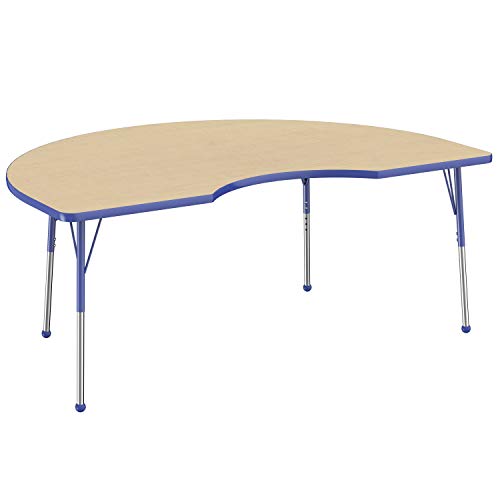 Image of FDP Kidney Activity School and Office Table (48 x 72 inch), Standard Legs with Ball Glides for Collaborative Seating Environments, Adjustable Height 19-30 inches - Maple Top and Blue Edge