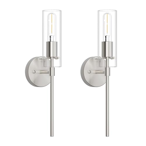 Wall Sconce Set of 2 Brushed Nickel Wall Light, Bathroom Vanity Light Fixture Modern Indoor Wall Light with Clear Glass Shade for Bathroom Bedroom Living Room Hallway Vanity