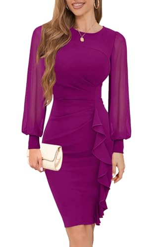 Image of IHOT 2026 Women's Long Sheer Sleeve Ruched Sheath Bodycon Cocktail Party Work Dress