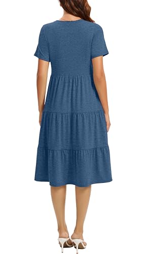 Image of Womens Summer Short Sleeve Crew Neck Midi Dress 2026 Casual Fit Flowy Tiered Beach Vacation Sundress with Pockets