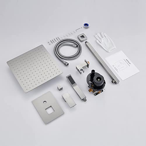 Image of Rain Shower System 12 Inches Shower Combo Set Brushed Nickel Wall Mount Faucet Bathroom Faucets with Rainfall Shower Head and Hand Shower