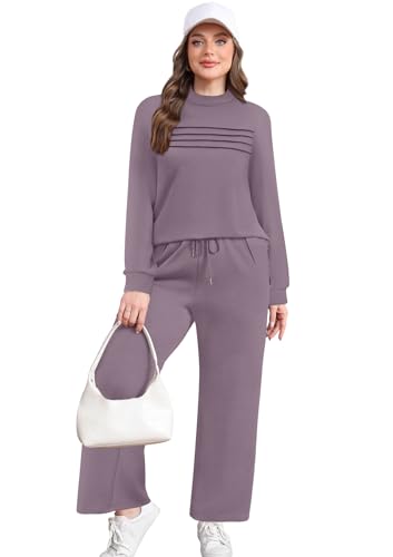 Image of WIHOLL Two Piece Sets for Women Fall Travel Vacation Outfits 2026 Long Sleeve Lounge Sets Side Slit Wide Leg Pants XS-3XL