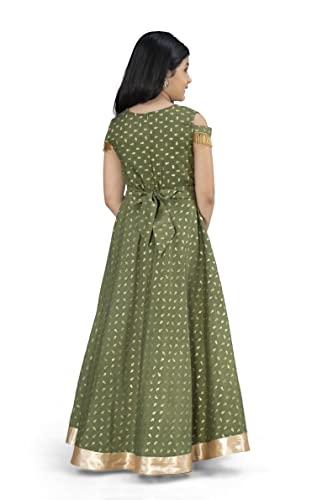 Image of Fashion Dream Girls Crepe Silk Maxi Length Foil Printed Dress|Maxi Dress|Long Dress|Printed Dress|Foil Printed Dress(Olive 5-6 Year)