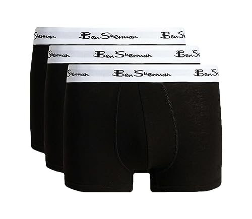 Herren Ben Sherman Boxershorts in Schwarz | Trunks aus weicher, baumwollreicher Textur mit kontrastierendem weißem elastischem Bund | Bequeme und atmungsaktive Unterwäsche - Dreierpack