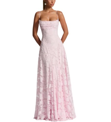 Spaghetti Strap Floral Bridesmaid Dresses for Women Cowl Neck Lace Elegant Backless Long Formal Evening Wedding Party Gown (Pink S)
