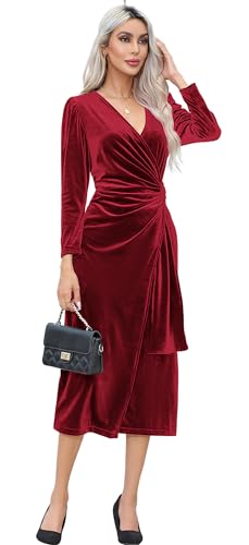 R.Vivimos Womens Velvet V Neck Wrap Dress Fall Winter Long