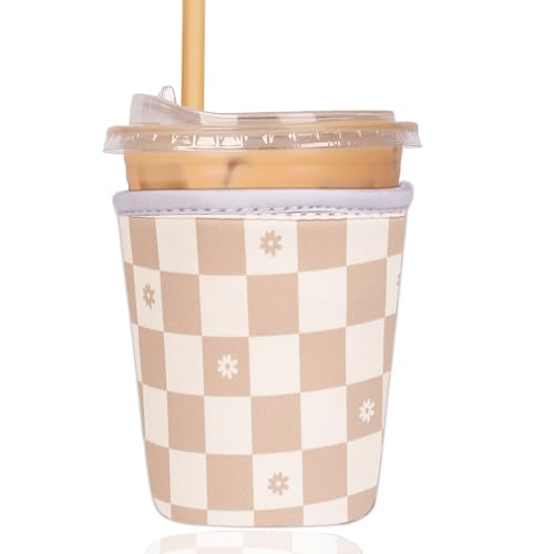 Image of Reusable Insulated Sleeve for Iced Coffee Cup, Coffee Neoprene Sleeve for Cold & Hot Drinks, Beverage Holder for Iced Coffee (Floral Checkers, Small: 16-18oz)