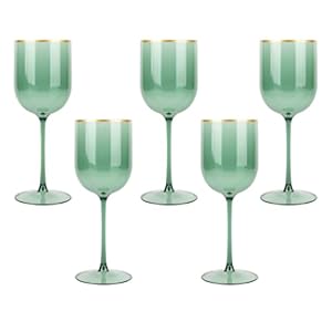 PLASTICPRO Green Wine Cup with Gold rim Plastic Wine Glasses Set of 10 Elegant Wine Goblets Hard Plastic Wine Cups on Stem 12 Ounce Christmas Cups
