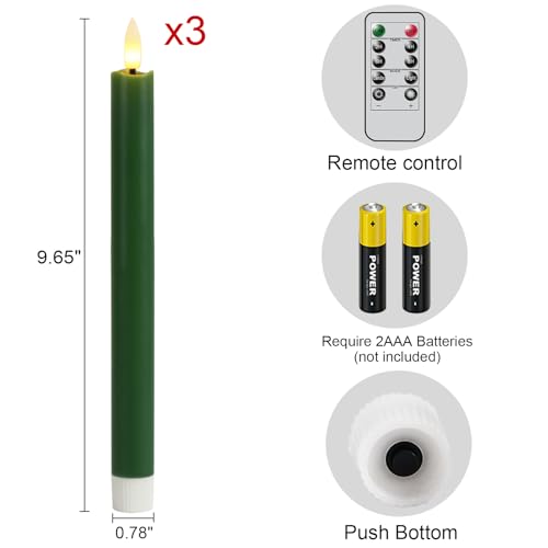 Image of Green Flameless Taper Candles with Remote, Christmas Real Wax LED Taper Candles Battery Operated with 3D Wick, 3 Pcs Flameless Candlesticks for Christmas Home Decor(0.78 inch x 9.65 inch)