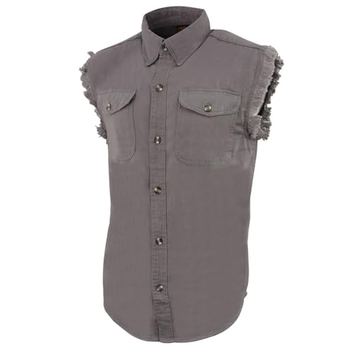 Image of Milwaukee Leather DM4009 Men's Sand Lightweight Denim Shirt with with Frayed Cut Off Sleeveless Look