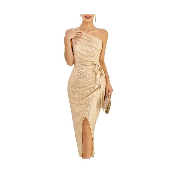 GRACE KARIN Wedding Guest Dresses for Women Sparkly Glitter Wrap Dress Cocktail Party Wedding Maxi Dresses with Slit Champagne L