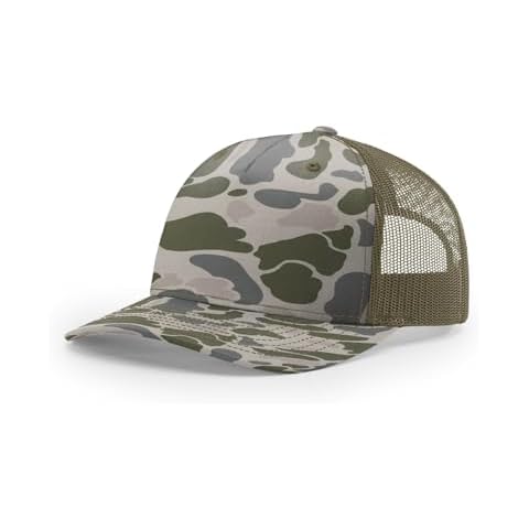 Richardson 112PFP Trucker Cap Snapback Blaze Camo Five Panel Adjustable Snapback - Marsh Duck Camo/Loden Cover