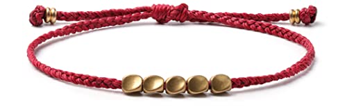 Bracelet de fil de cire bouddhiste tibétain fait à la main avec des perles de cuivre (rouge)