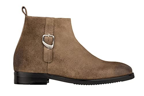 TOTO Men's Invisible Height Increasing Elevator Shoes - Coffee Brown Nubuck Leather Slip-on Chelsea Ankle Boots - 3.0 Inches Taller - K92083 - Size 6.5 D(M) US2