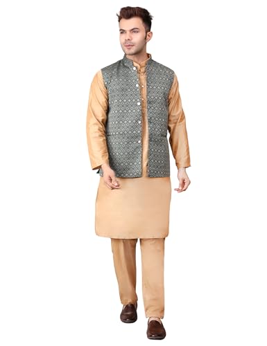 Image of Men's Cotton Silk Blend Regular Kurta Pyjama, Embroidered Nehru Jacket /Waistcoat Set