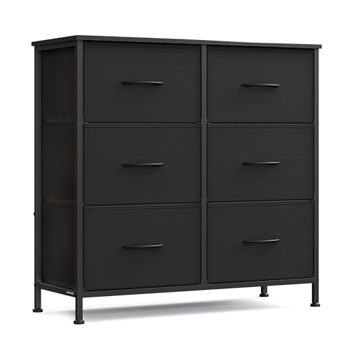 SONGMICS Dresser for Bedroom, Chest of Drawers, TV Stand, Steel, MDF, 6 Non-Woven Fabric Drawers, Storage Organizer Unit, Closet, Entryway, Ink Black and Ebony Black ULGS123B01S