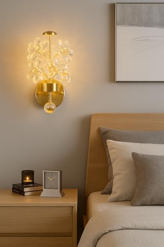 Image of blissbells Luxury Crystal Flower Gold Wall Light | Decorative LED Wall Lamp for Bedroom, Bedside, Living Room & Hotel Decor