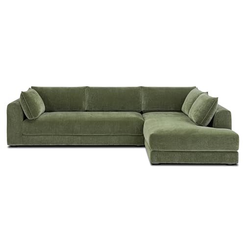 Image of POLY & BARK Marcel Right-Facing Corner Sectional with Extra-Wide Chaise - Upholstered in Sagano Green Fabric - Deep, Relaxed Modern Design with Feather-Blend Cushions for Living Room Comfort and Style