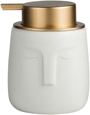 Unique Modern Soap Dispenser, Face-Shaped Ceramic Bottle with Rust Proof Gold Matte Pump, Decorative Lotion Dispenser for Bathroom or Kitchen (White)