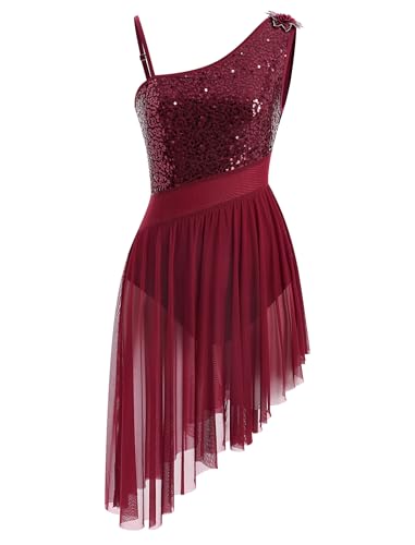 Women Lyrical Dance Dress One Shoulder Sparkly Sequins Contemporary Dance Costume Shiny Top Sheer Meah Waist with Flowy Chiffon Skirt Adult Salsa Jazz Lyrical Dress Wine Red Medium