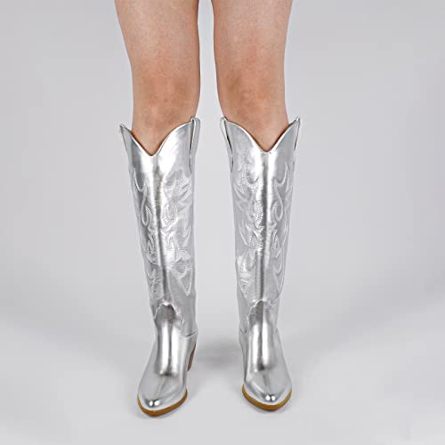 Stalov Metallic Cowboy Boots For Women, Western Embroidery Cowgirl Boots, Pointed Toe Pull-On Knee High Boots #TOP2